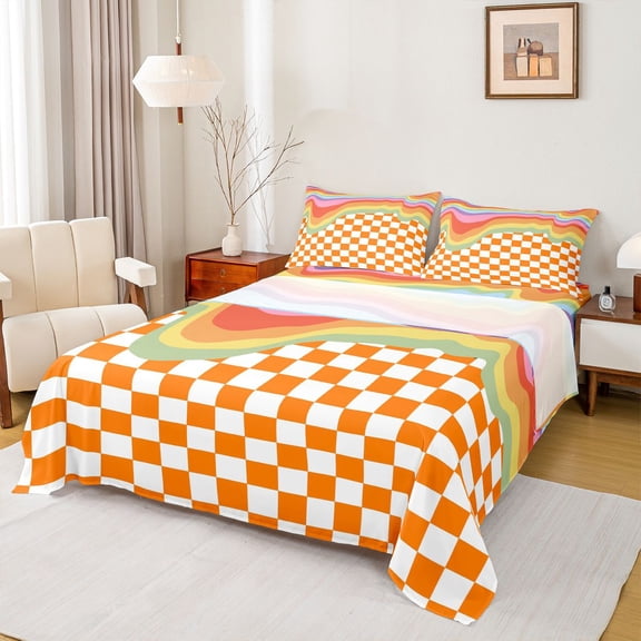 Homewish Fashion Buffalo Plaid Bed Sheets, Orange Square Abstract King Sheets, Caryoon Rainbow Stripes Sheet Set, Lightweight Room Decor, 4 Pieces