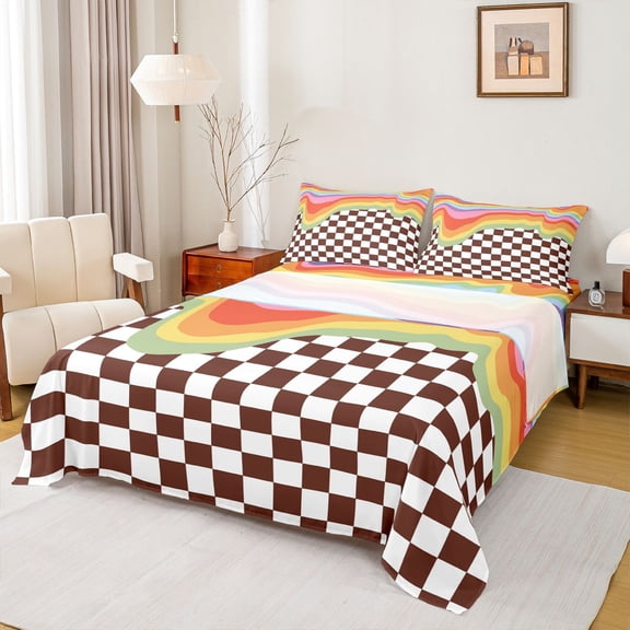 Homewish Fashion Buffalo Plaid Full Size Sheets, Brown Square Abstract Bed Sheets, Caryoon Rainbow Stripes Sheet Sets, Microfiber Bedroom Decor, 4pcs
