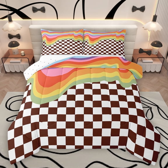 Homewish Fashion Buffalo Plaid Queen Comforter Set, Brown Square Abstract Bedding Sets, Caryoon Rainbow Stripes Reversible Bedding Comforter Set, Microfiber Bedroom Decor, 3pcs