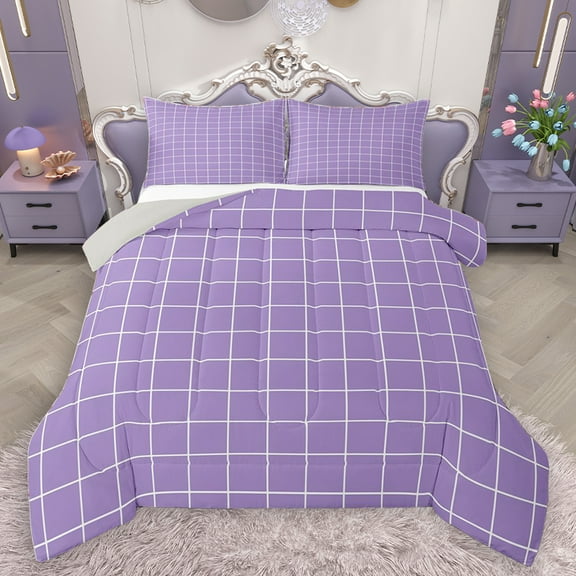 Homewish Fashion Buffalo Plaid Queen Comforter Set, Plum Modern Checkered Bedding Sets, Teens Kids Adult Reversible Bedding Comforter Set, Breathable Home Decor, 3-Piece