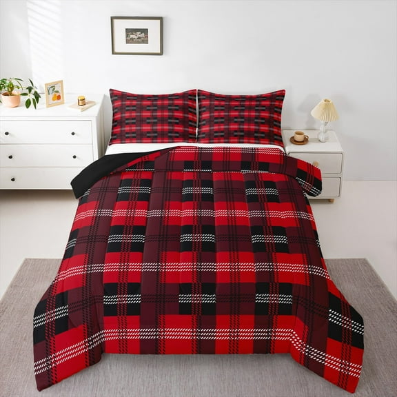Homewish Fashion Checkered Plaid Bedding Comforter Set for Kids, Black Red Rectangle Square Twin Comforter Sets, Chic Buffalo Reversible Bedding Set, Super Cozy Room Decor, 2-Piece