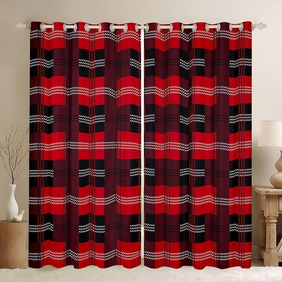 Homewish Fashion Checkered Plaid Black Out Curtains for Kids, Black Red Rectangle Square Curtains Pack of 2 (42x63 Each), Chic Buffalo Bedroom Curtains, Curtains Blackout Decor