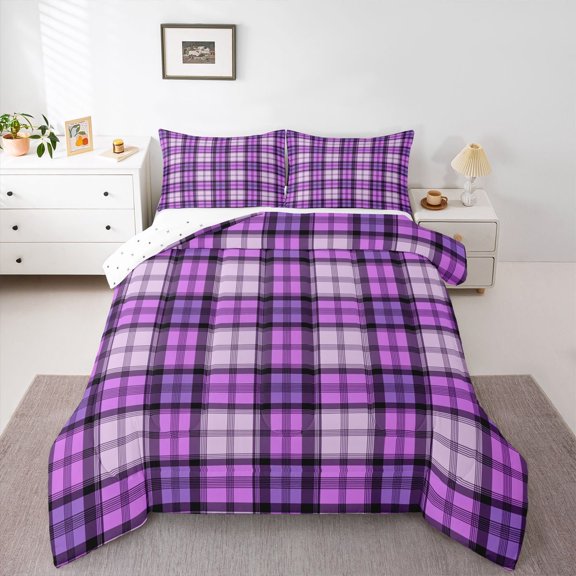 Homewish Fashion Checkered Plaid Full Size Comforter Sets for Kids, Purple Rectangle Square Bedding Comforter Set, Chic Buffalo Reversible Bedding Sets, Lightweight Room Decor, 3-Piece