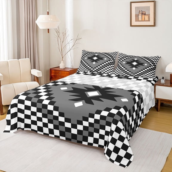 Homewish Fashion Checkered Square Bed Sheets for Teens, Boho Hippie Aztec King Sheets, Buffalo Plaid Sheet Set, Breathable Home Decor, 4pcs