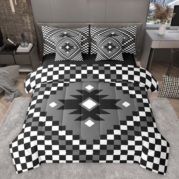 Homewish Fashion Checkered Square Bedding Comforter Set 7pcs for Teens, Boho Hippie Aztec King Bedding Sets, Buffalo Plaid Reversible Bed Sheets, Breathable Home Decor