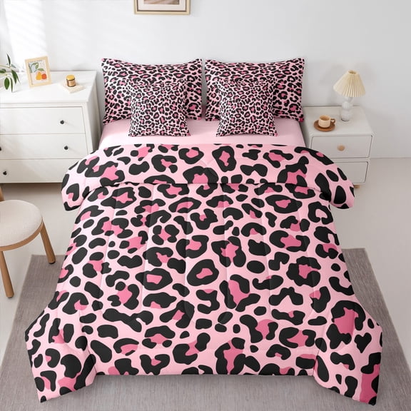 Homewish Fashion Cheetah Print Bedding Comforter Set 7-Piece for Teen, Leopard Animal King Bedding Sets, Romantic Valentines Day Reversible Bed Sheets, Microfiber Bedroom Decor