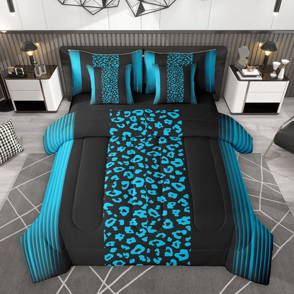 Homewish Fashion Cheetah Print Bedding Comforter Set 7 Pieces, Leopard Wildlife Animal Full Bedding Set, Blue Abstract Stripe Line Reversible Fitted Sheet Flat Sheet, Super Cozy Room Decor