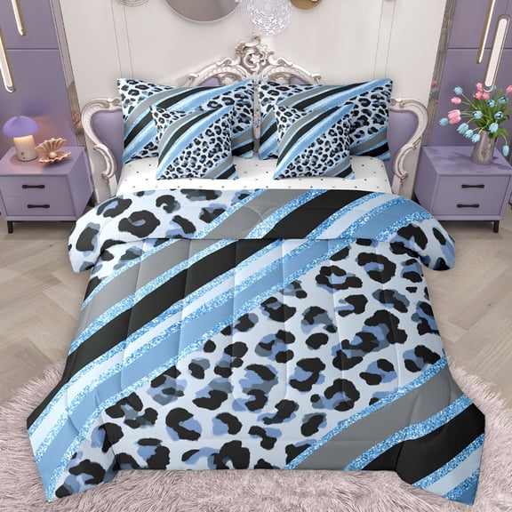 Homewish Fashion Cheetah Print Bedding Comforter Set 7pcs, Leopard Wildlife Queen Bedding Sets, Blue Abstract Stripes Queen Sheet Sets, Lightweight Room Decor