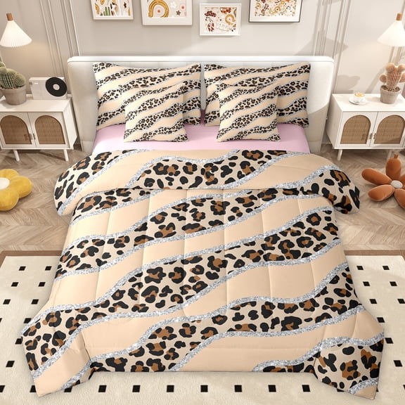 Homewish Fashion Cheetah Print Bedding Comforter Set 7pcs, Leopard Wildlife Queen Bedding Sets, Brown Abstract Stripes Reversible Queen Sheet Sets, Breathable Home Decor