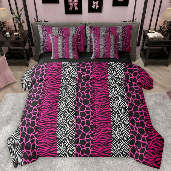 Homewish Fashion Cheetah Print Bedding Comforter Set 7pcs, Wildlife Leopard Lover King Bedding Sets, Modern Art Pink Polkadots Reversible Bed Sheets, Microfiber Bedroom Decor
