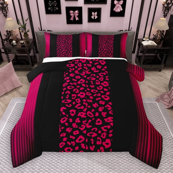 Homewish Fashion Cheetah Print Full Size Comforter Sets, Leopard Wildlife Animal Bedding Comforter Set, Pink Abstract Stripe Line Reversible Bedding Sets, Super Cozy Room Decor, 3 Pieces