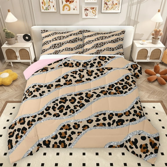Homewish Fashion Cheetah Print Full Size Comforter Sets, Leopard Wildlife Bedding Comforter Set, Brown Abstract Stripes Reversible Bedding Sets, Breathable Home Decor, 3pcs