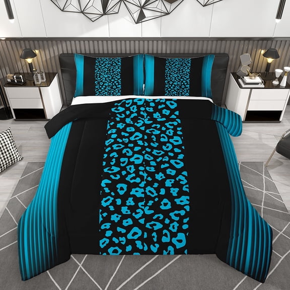 Homewish Fashion Cheetah Print Queen Comforter Set, Leopard Wildlife Animal Bedding Sets, Blue Abstract Stripe Line Reversible Bedding Comforter Set, Super Cozy Room Decor, 3 Pieces