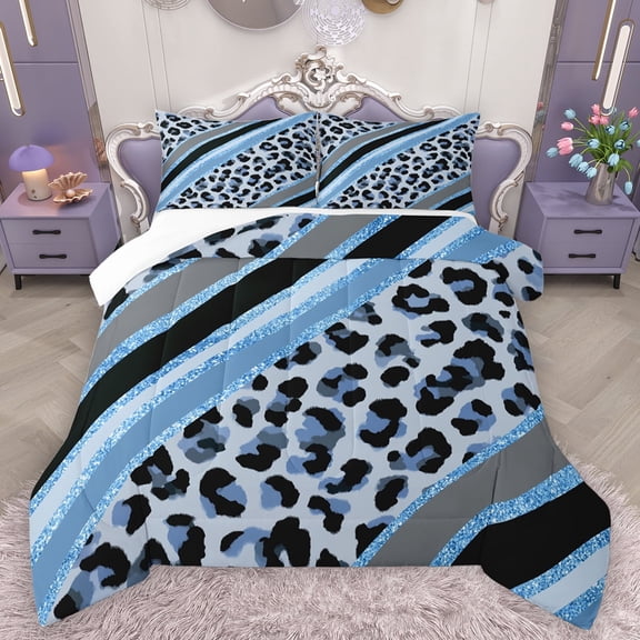 Homewish Fashion Cheetah Print Queen Comforter Set, Leopard Wildlife Bedding Sets, Blue Abstract Stripes Bedding Comforter Set, Lightweight Room Decor, 3-Piece