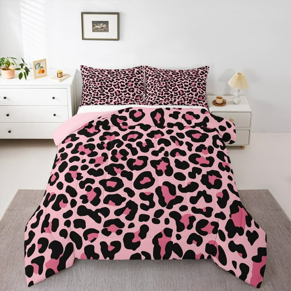 Homewish Fashion Cheetah Print Queen Comforter Set for Teen, Leopard Animal Bedding Sets, Romantic Valentines Day Reversible Bedding Comforter Set, Microfiber Bedroom Decor, 3 Pieces