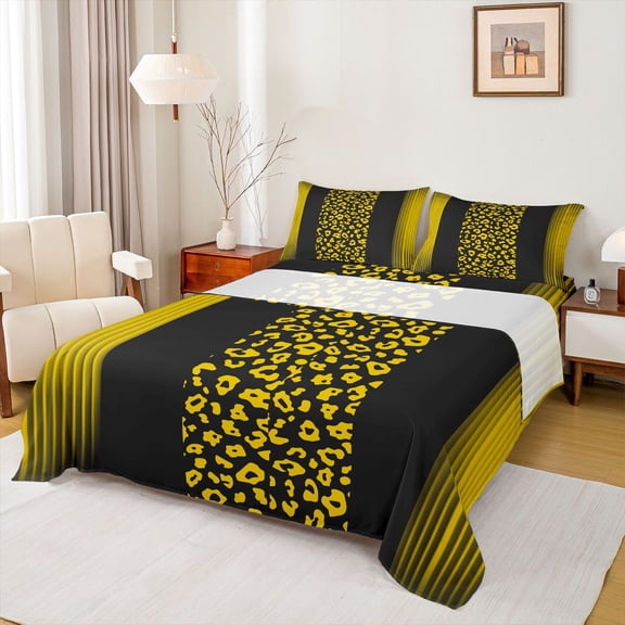 Homewish Fashion Cheetah Print Queen Sheet Sets, Leopard Wildlife Animal Flat Sheet, Yellow Abstract Stripe Line Queen Fitted Sheet, Luxury Bedroom Decor, 4 Pieces