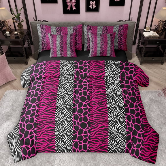 Homewish Fashion Cheetah Print Twin Bedding Sets 7-Piece, Wildlife Leopard Lover Bedding Comforter Set, Modern Art Pink Polkadots Reversible Sheet Sets, Microfiber Bedroom Decor