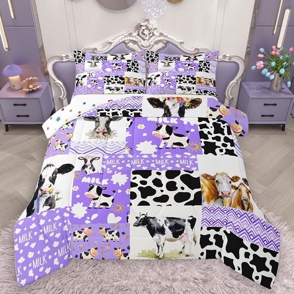 Homewish Fashion Cow Print Full Size Comforter Sets, Rustic Farmhouse Animal Bedding Comforter Set, Dreamy Purple Patchwork Reversible Bedding Sets, Breathable Home Decor, 3-Piece