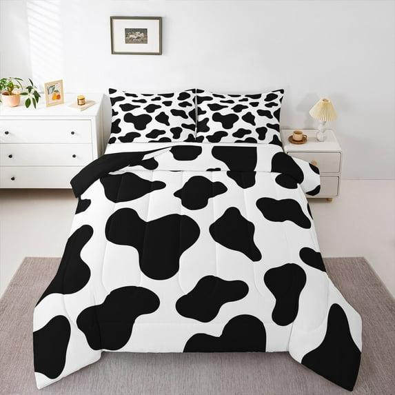Homewish Fashion Cow Print Queen Comforter Set, White Black Polkadots Bedding Sets, Teens Kids Boys Girls Reversible Bedding Comforter Set, Breathable Home Decor, 3pcs