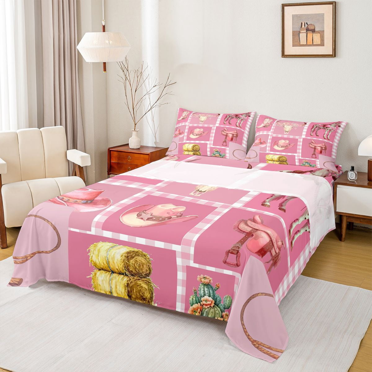 Homewish Fashion Cowgirl Cat Twin Sheet Sets, Pink Western Patchwork ...