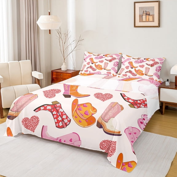 Homewish Fashion Cowgirl Hat Bed Sheets for Kids, Western Tribal Boot King Sheets, Romantic Love Heart Sheet Set, Ultra Soft Bedroom Decor, 4 Pieces