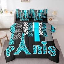Homewish Fashion Eiffel Tower Teens Twin Bedding Sets 7-Piece, Modern Zebra Cheetah Print Bedding Comforter Set, Chic Cyan Polkadots Reversible Sheet Sets, Lightweight Room Decor
