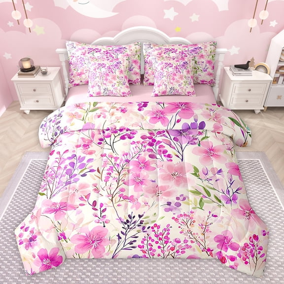 Homewish Fashion Flower Floral Twin Bedding Sets 7-Piece, Pink Watercolor Art Bedding Comforter Set, Rustic Cherry Blossoms Reversible Sheet Sets, Luxury Bedroom Decor