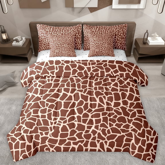 Homewish Fashion Giraffe Print Bedding Comforter Set 7pcs, Brown Abstract Ombre King Bedding Sets, Teens Adult Women Reversible Bed Sheets, Lightweight Room Decor