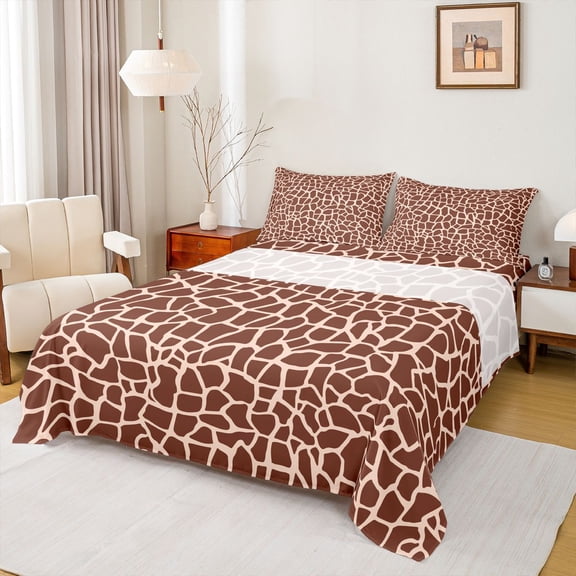 Homewish Fashion Giraffe Print Full Size Sheets, Brown Abstract Ombre Bed Sheets, Teens Adult Women Sheet Sets, Lightweight Room Decor, 4pcs