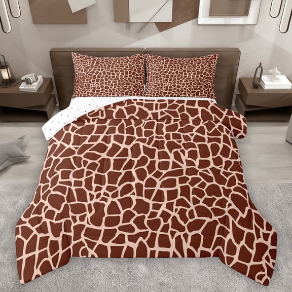 Homewish Fashion Giraffe Print Queen Comforter Set, Brown Abstract Ombre Bedding Sets, Teens Adult Women Reversible Bedding Comforter Set, Lightweight Room Decor, 3pcs