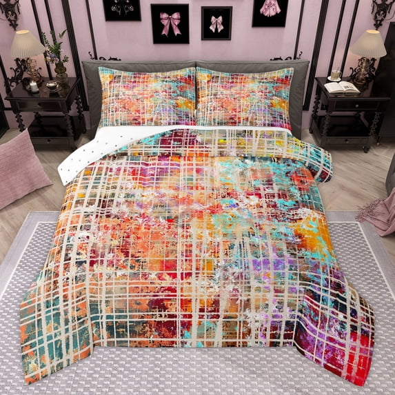 Homewish Fashion Graffiti Adult Bedding Comforter Set, Stripes Abstract Ombre Twin Comforter Sets, Watercolor Splatter Reversible Bedding Set, Microfiber Bedroom Decor, 2 Pieces
