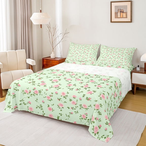 Homewish Fashion Green Flower Queen Sheet Sets, Romantic Rustic Floral Flat Sheet, Teens Kids Girls Women Queen Fitted Sheet, Lightweight Room Decor, 4 Pieces