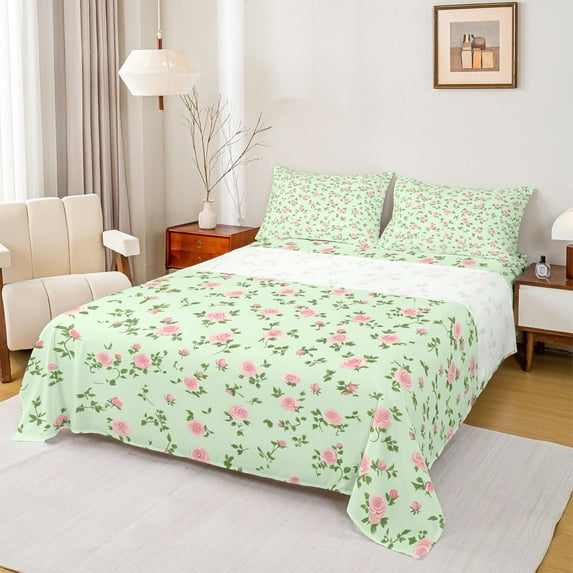 Homewish Fashion Green Flower Queen Sheet Sets, Romantic Rustic Floral Flat Sheet, Teens Kids Girls Women Queen Fitted Sheet, Lightweight Room Decor, 4 Pieces
