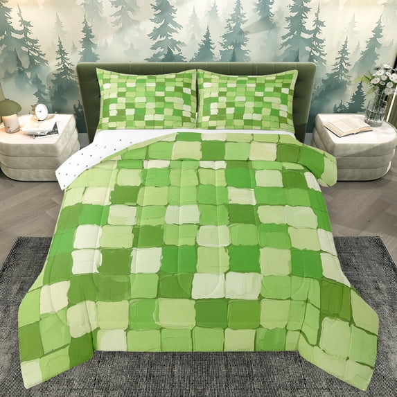 Homewish Fashion Green Square Bedding Comforter Set for Kids, Abstract Buffalo Piald Twin Comforter Sets, Vintage Oil Printing Reversible Bedding Set, Lightweight Room Decor, 2-Piece