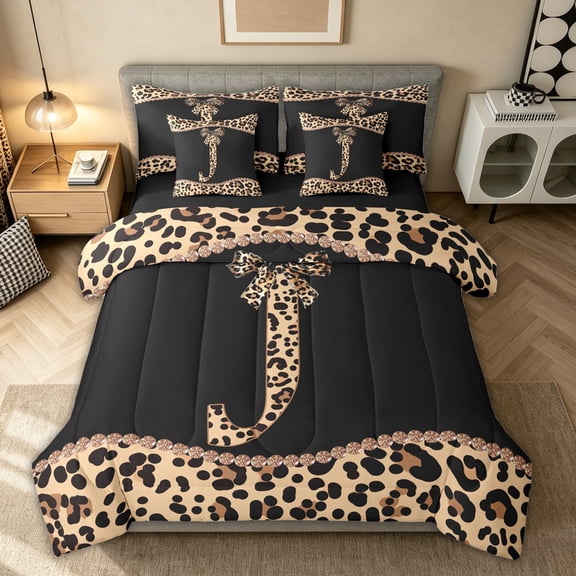 Homewish Fashion Initial Letter Bedding Comforter Set 7pcs for Girls Women, Cheetah Print Monogrammed J King Bedding Sets, Black Reversible