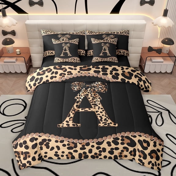 Homewish Fashion Initial Letter Bedding Comforter Set 7pcs, Chic Monogrammed A King Bedding Sets, Kawaii Cheetah Bowknot Reversible Bed Sheets, Breathable Home Decor