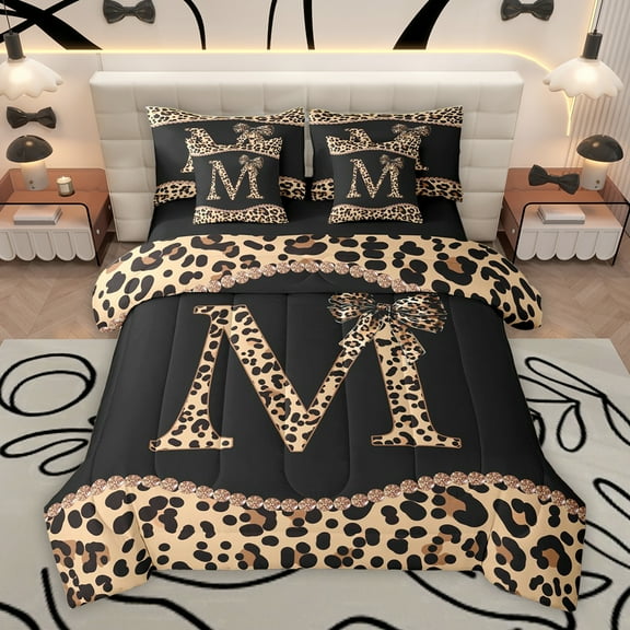 Homewish Fashion Initial Letter Bedding Comforter Set 7pcs, Chic Monogrammed M King Bedding Sets, Kawaii Cheetah Bowknot Reversible Bed Sheets, Breathable Home Decor