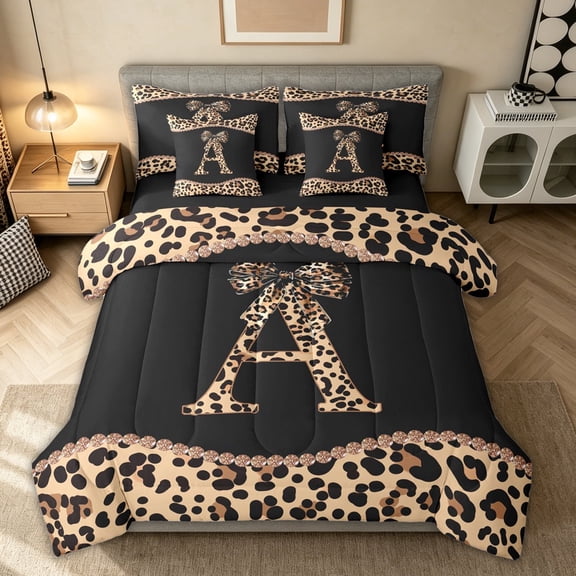 Homewish Fashion Initial Letter Bedding Comforter Set 7pcs for Girls Women, Cheetah Print Monogrammed A Queen Bedding Sets, Black Reversible