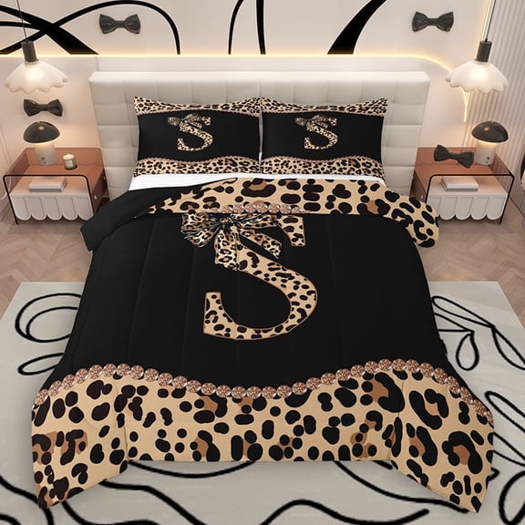 Homewish Fashion Initial Letter Bedding Comforter Set, Chic Monogrammed S Twin Comforter Sets, Kawaii Cheetah Bowknot Reversible Bedding Set, Breathable Home Decor, 2-Piece