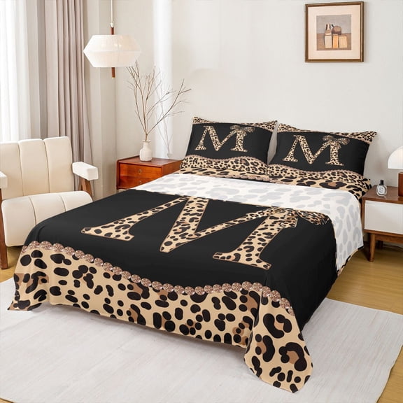 Homewish Fashion Initial Letter Full Size Sheets, Chic Monogrammed M Bed Sheets, Kawaii Cheetah Bowknot Sheet Sets, Breathable Home Decor, 4-Piece