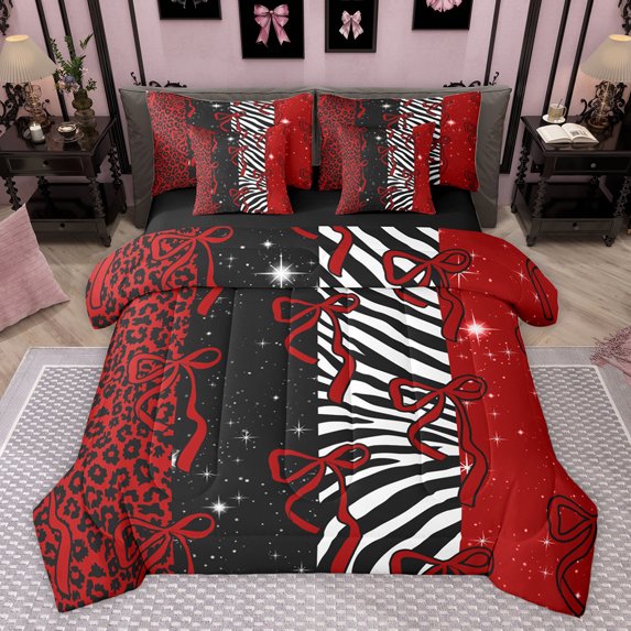 Homewish Fashion Leopard Print Bedding Comforter Set 7pcs, Red Princess Bow-tie Queen Bedding Sets, Mystic Glitter Stars Reversible Queen Sheet Sets, Breathable Home Decor