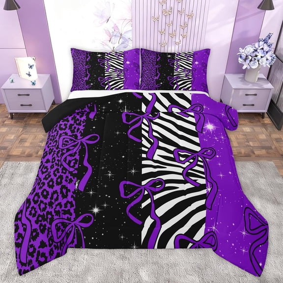 Homewish Fashion Leopard Print Bedding Comforter Set, Purple Princess Bow-tie Twin Comforter Sets, Mystic Glitter Stars Reversible Bedding Set, Lightweight Room Decor, 2 Pieces
