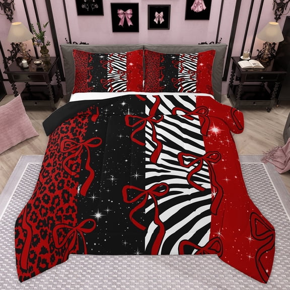 Homewish Leopard Print Bedding Comforter Set, Red Princess Bow Twin Comforter Sets, 2pcs