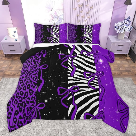 Homewish Fashion Leopard Print Queen Comforter Set, Purple Princess Bow-tie Bedding Sets, Mystic Glitter Stars Reversible Bedding Comforter Set, Lightweight Room Decor, 3 Pieces