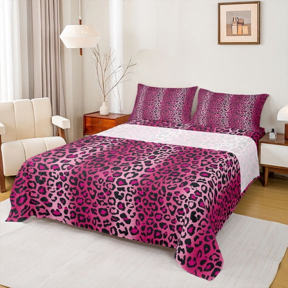 Homewish Fashion Leopard Print Twin Sheet Sets, Deep Pink Abstract Ombre Twin Fitted Sheet, Teens Adult Women Flat Sheet, Breathable Home Decor, 3pcs