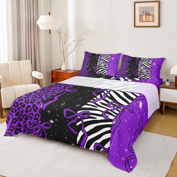 Homewish Fashion Leopard Print Twin Sheet Sets, Purple Princess Bow-tie Twin Fitted Sheet, Mystic Glitter Stars Flat Sheet, Lightweight Room Decor, 3 Pieces