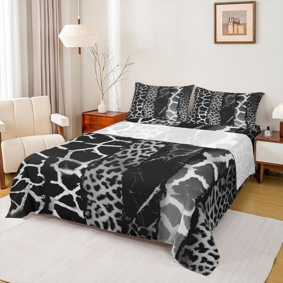 Homewish Fashion Leopard Print Twin Sheet Sets for Women, Giraffe Cheetah Animal Twin Fitted Sheet, Grey Abstract Ombre Flat Sheet, Super Cozy Room Decor, 3pcs