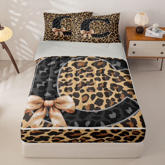 Homewish Fashion Leopard Print Zipper Full Size Comforter Sets with Fitted Sheet and 2 Pillowcases, Ribbon C Letter Zipper Bedding Set, Gray Reversible, 4 Pieces