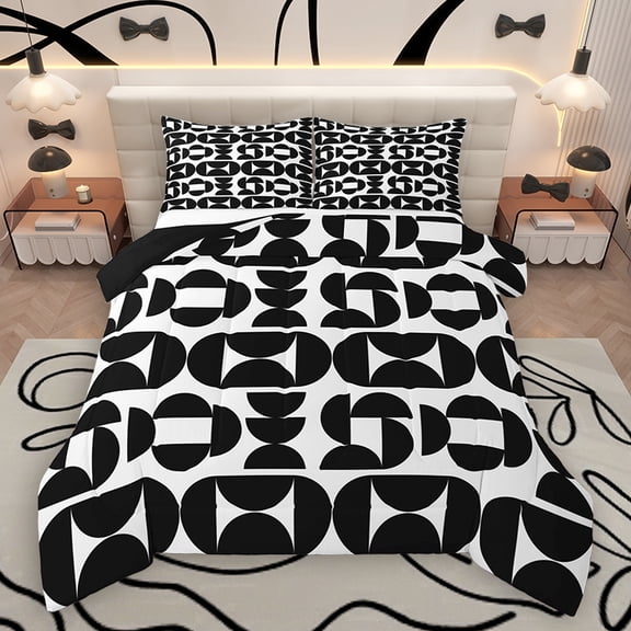 Homewish Fashion Minimalst Adult Bedding Comforter Set, Black White Square Cycle Twin Comforter Sets, Modern Abstract Reversible Bedding Set, Lightweight Room Decor, 2 Pieces