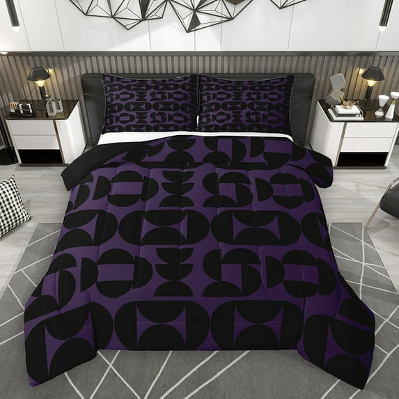 Homewish Fashion Minimalst Adult Full Size Comforter Sets, Black Purple Square Cycle Bedding Comforter Set, Modern Abstract Reversible Bedding Sets, Breathable Home Decor, 3 Pieces